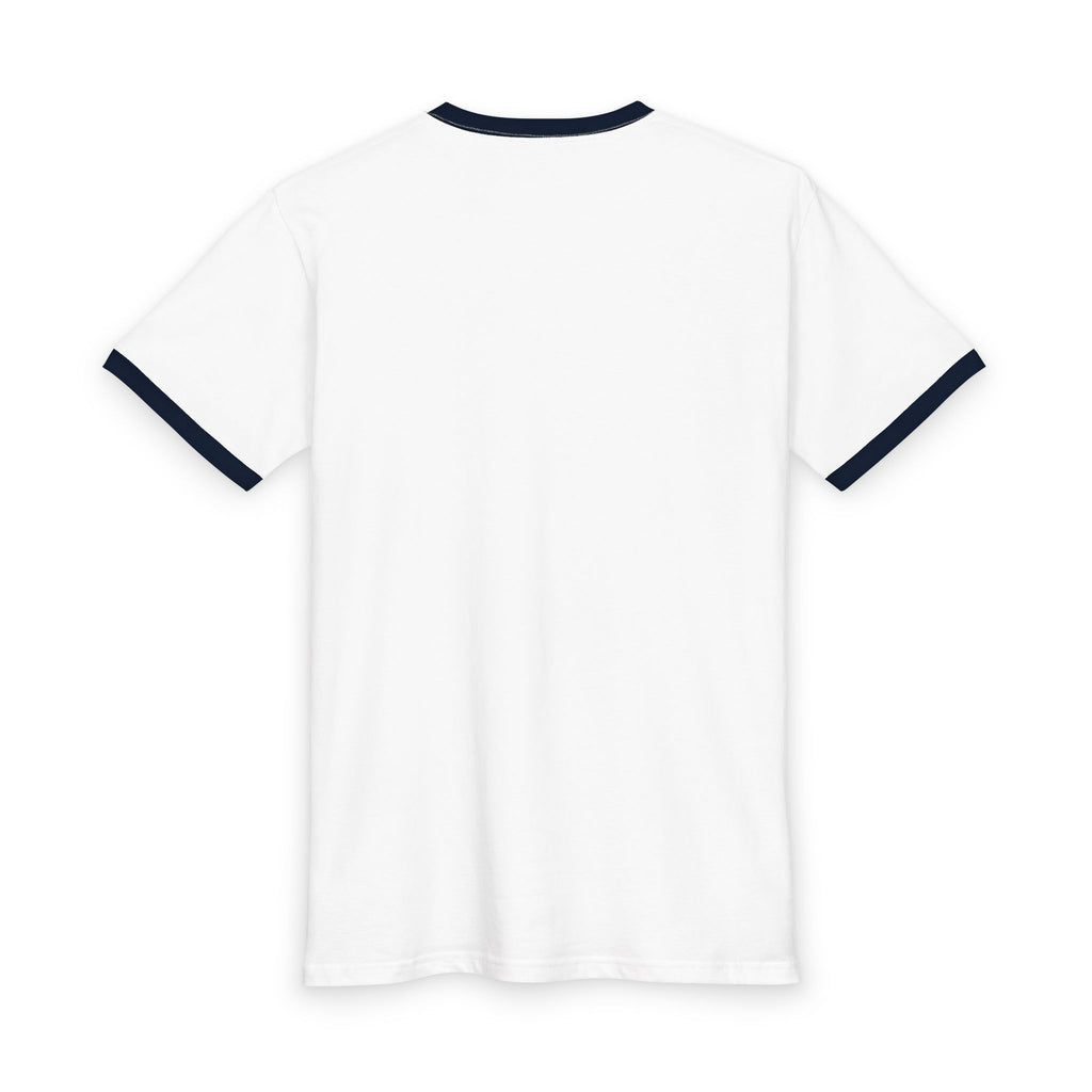 Retro Ringer Tee — Minimalist Script Logo with Small Colorful Icon