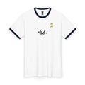 Retro Ringer Tee — Minimalist Script Logo with Small Colorful Icon
